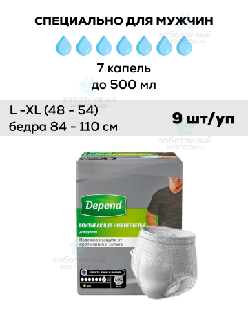 Впитывающие трусы мужские одноразовые Depend (Депенд) L-XL | 9 шт.